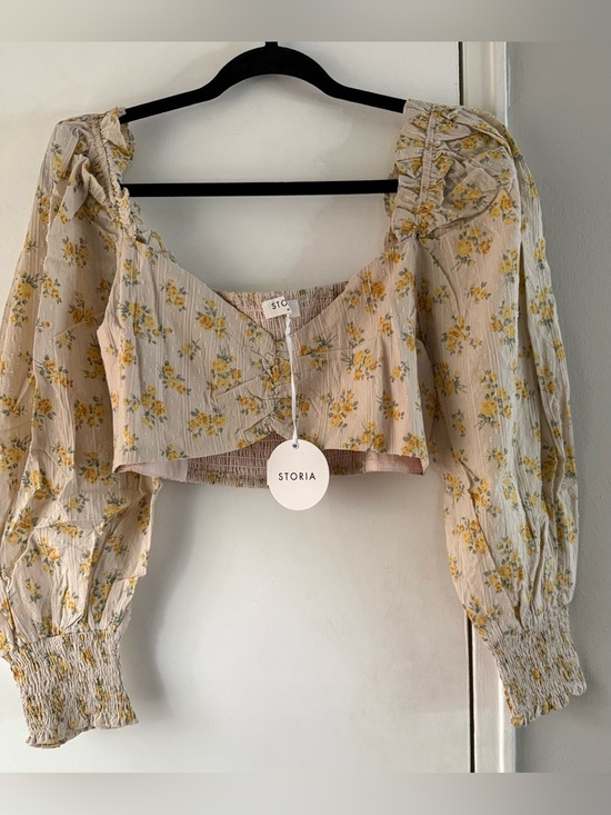 Storia Tops - Storia Cotton Floral Print Peasant Romantic Crop Top Yellow Medium Boho Cottage